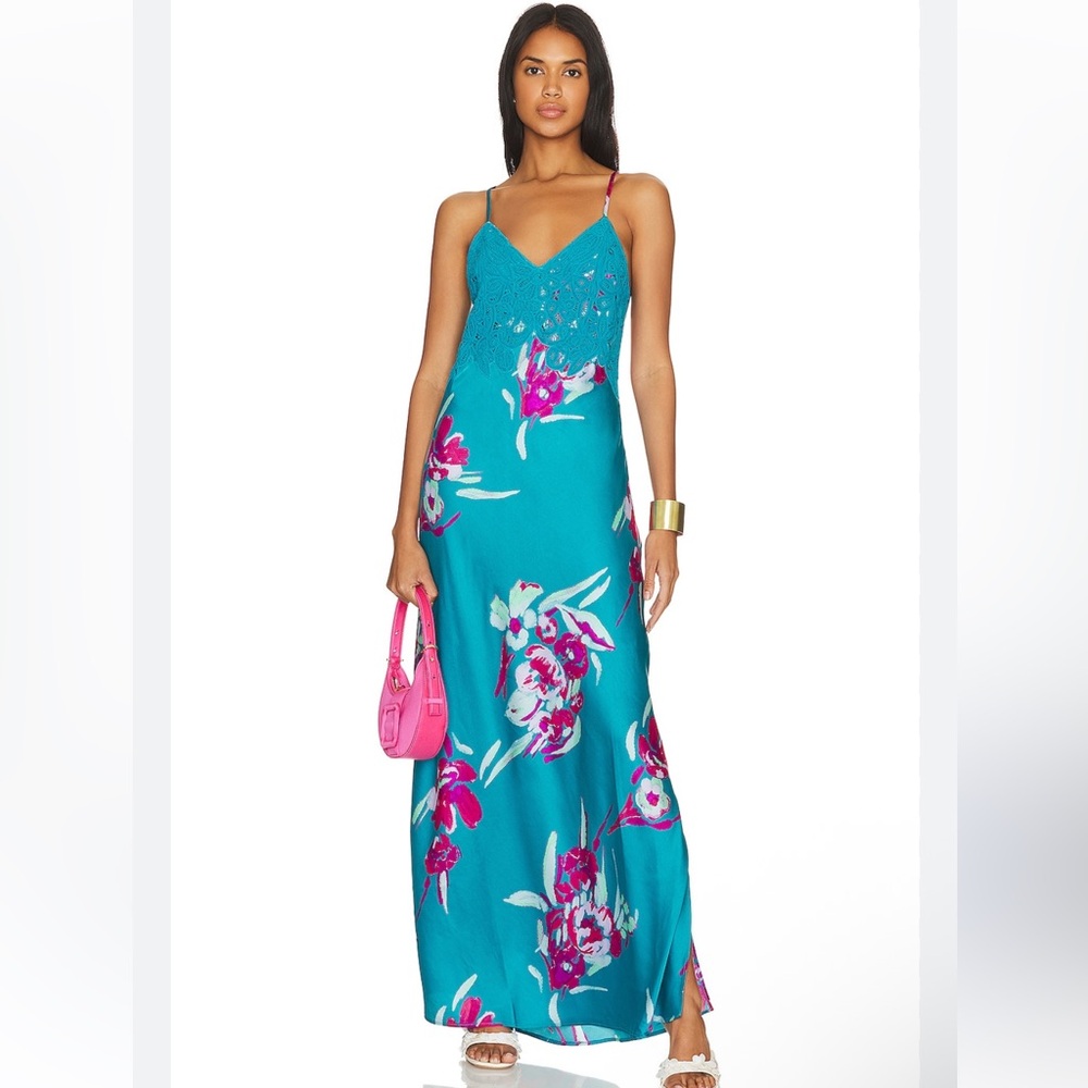 Free People Teal Maxi Dress with Pink Floral Design